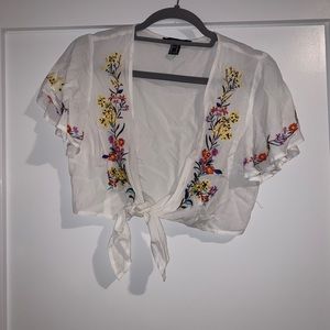 Forever 21 White and Floral Tie Shirt
